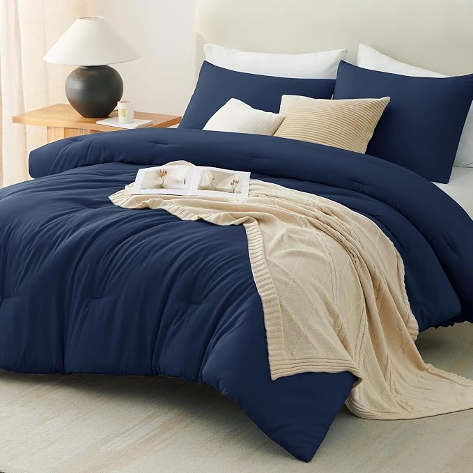 CozyLux King Size Comforter Set Navy Blue, 3 Pieces Lightweight Down Alternative Quilted Bedding Sets, Gray All Season Soft Breathable Solid Comforter with 2 Pillowcases, Luxury Bed Set Gift for Home
