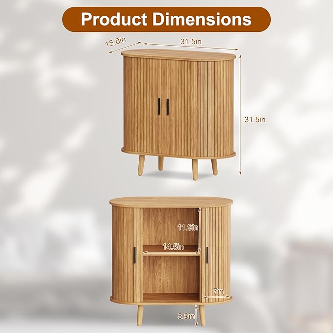 31.5" Fluted Sideboard Buffet Cabinet with Tambour Storage Oval Curved Accent Console Table for Dining Room Kitchen Living Room (Natural)