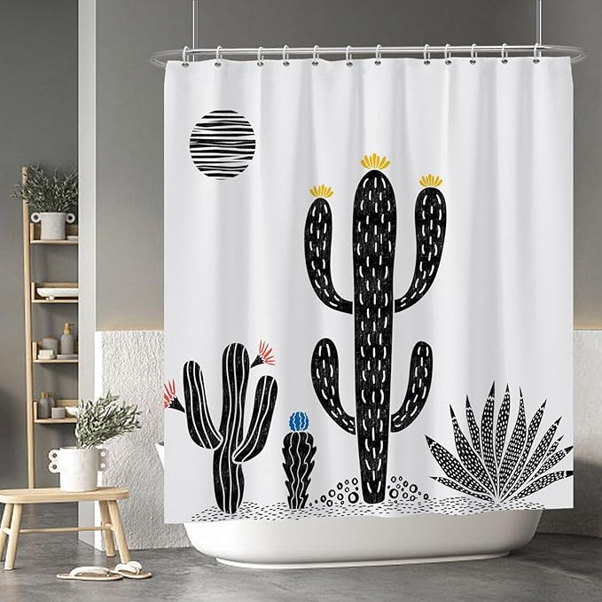 Baocicoo Boho Cactus Shower Curtain Tropical Plants Minimalism Floral Abstract Moon Black and White Shower Curtains for Hotel Home Bathroom Polyester Waterproof Fabric with Hooks 72x78 Inches