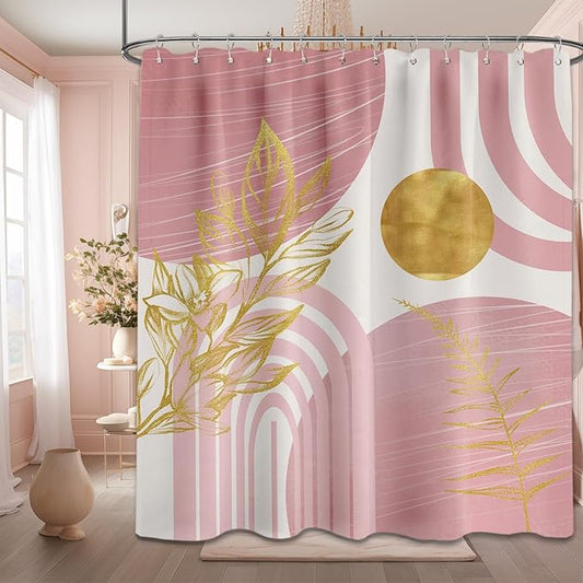 Blush Pink and Gold Shower Curtain Boho Mid Century Light Pink and White Shower Curtains for Bathroom Decor, Waterproof Cloth Fabric with Hooks, 70" W x 78" L