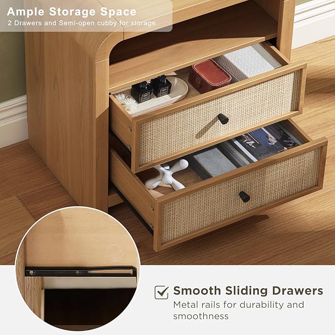 Oak&Sparrow Rattan Nightstand, 23.6'' Rattan End Table with Ample Storage, Boho Nightstand with Charging Station, Thickened Curved Profile Design, Oak Nightstands for Living Room, Bedroom