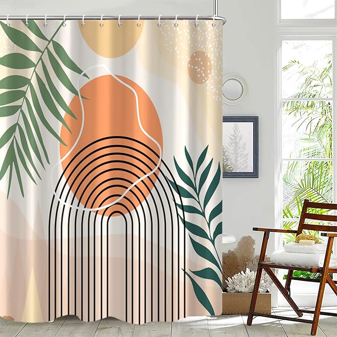 Mid Century Extra Long Shower Curtain, Abstract Boho Minimalistic Arch Sun Leaf Machine Washable Waterproof Fabric for Bathroom Bathtub Decor with Hooks 72Wx84H