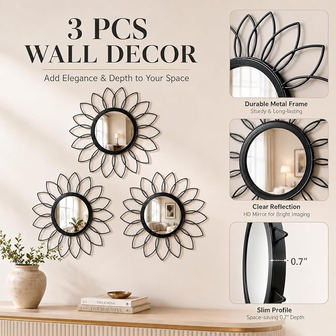 Black Flower Mirror Set of 3, 3PCS Metal Round Decorative Wall Mirrors, Floral Petal Accent Mirror Wall Decor for Living Room, Bedroom, Entryway & Bathroom