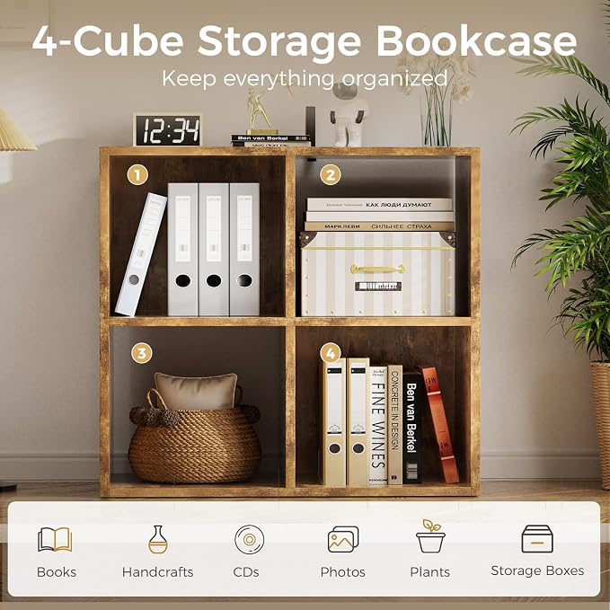 COMHOMA 4 Wood Cube Storage Organizer with Open Back and Removable Back Panels, 11In Brown Cube Storage Bookshelf, Cubicle Shelf Bookcase for Home Office Bedroom Living Room, Vertical or Horizontal