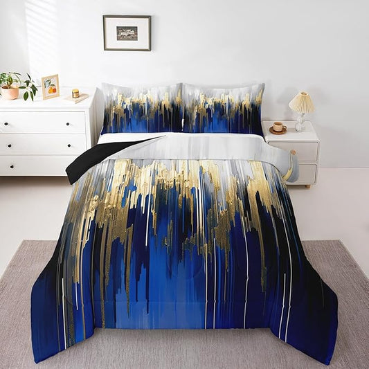 Abstract Art Bedding Set King Navy Gold Grey Comforter Set, Stripe Duvet Insert Golden Metallic Sequins Quilt Sets, Dark Blue Tie Dye Bedding Comforters & Sets Luxurious Modern Bedroom Decor