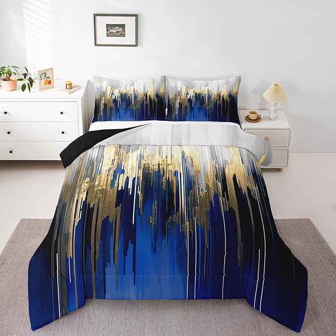 Abstract Art Bedding Twin Navy Gold Grey Comforter Set, Stripe Bedding Comforter Sets Golden Metallic Sequins Duvet Insert, Dark Blue Tie Dye Down Comforter Luxurious Modern Bedroom Decor