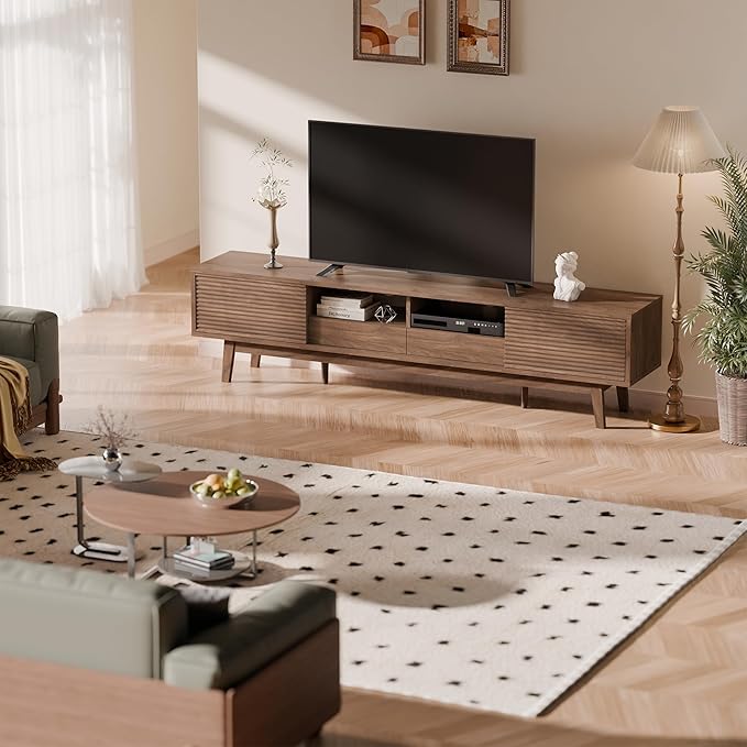 TOLEAD 70" TV Console with Fluted Sliding Doors, Mid Century Modern TV Stand for 55/65/75 Inch TV, Low Profile, Boho Media Console Credenza for Living Room, Walnut
