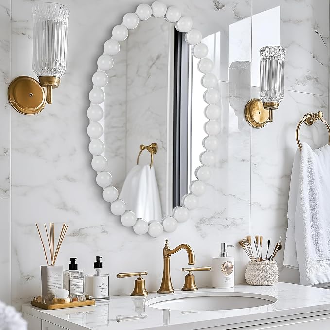 Oval Round Wall Mirror - 30 Inch Decorative Framed Bathroom/Living Room Accent Mirror with Beaded Ball Trim - Vintage Modern Style White Mirror