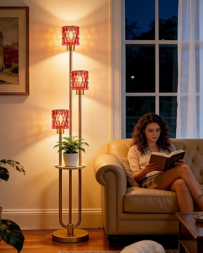 Lightdot 3-Lights Floor Lamp for Living Room Modern Gold Floor Lamp with Rose Red Glass Shade for Wedding/Party Farmhouse Tall Standing Lamp with 5Lbs Heavy Base for Bedroom/Sofa Beside/Corner Decor