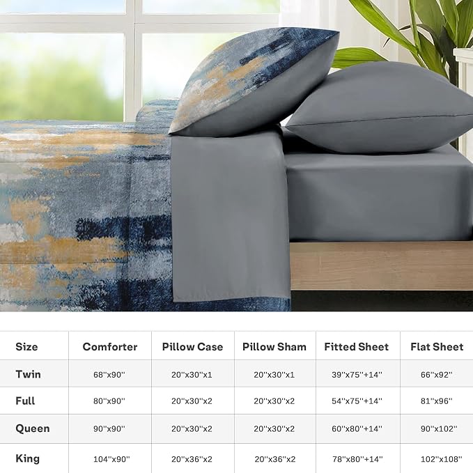 Nesker 7 Pcs Comforter Set King Size, Abstract Oil Painting Bedding Set for Kids and Adults, Navy Blue Gray Gold White Bed Sheet Sets with Fitted Sheet 2 Pillowcases & 2 Shams