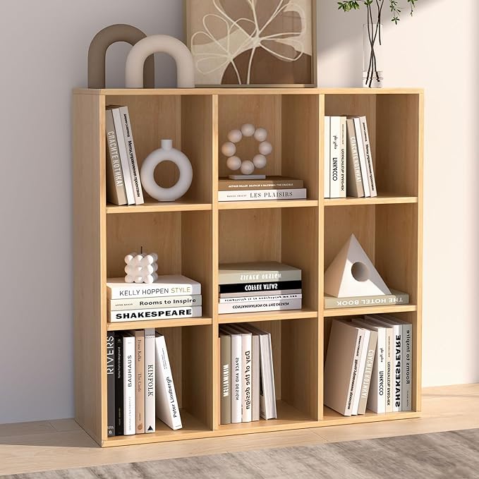 Wooden 9 Cube Storage Organizer with Closed Back Panel, Cube Shelf Heavy Duty Cubby Storage Organizer with Compartments for Living,Display Shelf,Bookshelf,Storage Furniture (Oak, 9-Cube)