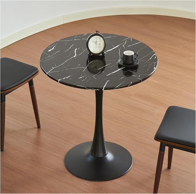 Round Dining Table, 24" Circle Tulip Table with Thickened Tabletop & Metal Pedestal, Mid Century Modern Bistro Table for Kitchen, Small Places, Living Room, Cafe (Marble Pattern Black)