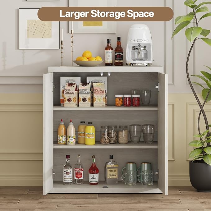 31” Sideboard Cabinet with Storage, Fluted Accent Cabinet with Adjustable Shelves, Modern Wood Credenza Cabinets with Pop-up Doors for Entryway Kitchen Living Room Hallway, White Oak