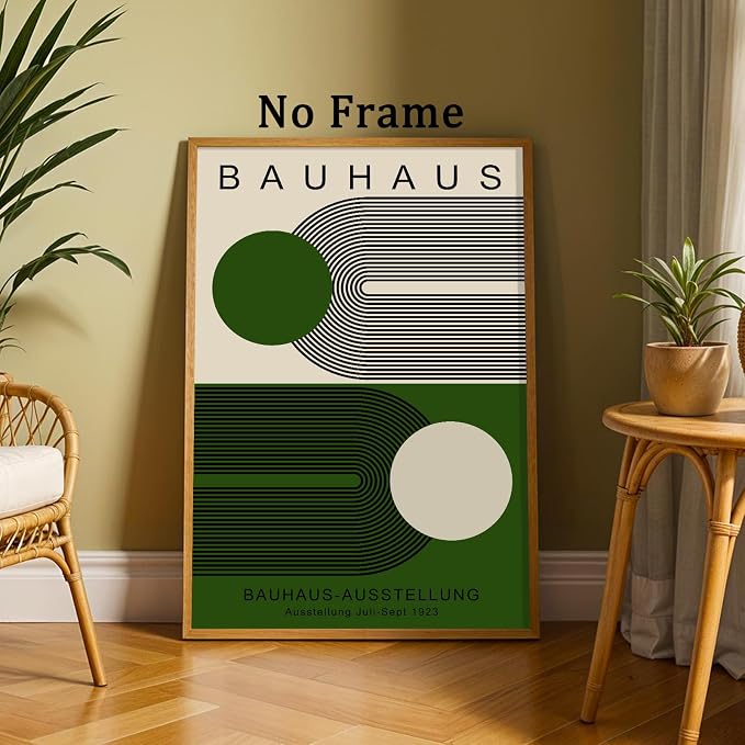 Minimalist Green Bauhaus Wall Art Abstract Geometric Prints Modern Boho Picture Contemporary Artwork Bauhaus Exhibition 1923 Poster Mid Century Modern Painting Green and Beige Canvas 16x24in Unframed