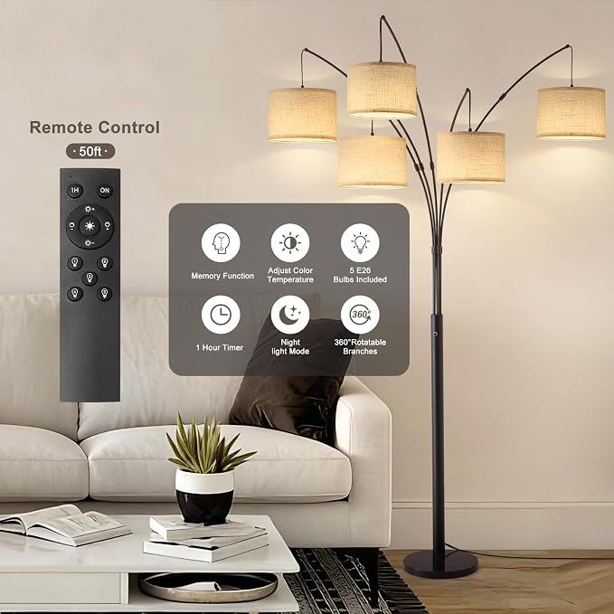Floor Lamps for Living Room, 4000LM Super Bright Arc Floor Lamp with Remote Control, 5 Light Tall Floor Lamps with Stepless Dimmable, 80" Mid Century Tree Floor Lamp for Bedroom, Office