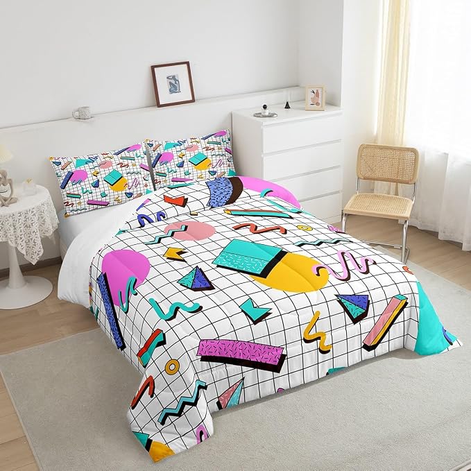 Manfei Memphis Comforter Set Queen Size, Retro 80s or 90s Geometric Fashion Style Quilt Set with 2 Pillowcases, Vintage Hip Hop Bedding Set 3pcs for Kids Boy Girls Lightweight Duvet Insert