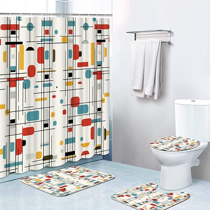 4 Pcs Retro Geometric Block Bathroom Set: Shower Curtain, Bath Mat, Toilet Lid Cover & Rug - Colorful Grid Pattern with Hooks for Mid-Century Modern Decor