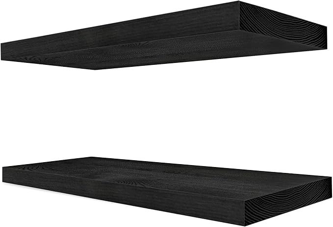 Sorbus 16" Solid Wood Floating Shelves - Set of 2 Black Wall Mounted Kitchen Shelves - Durable Pine Wood
