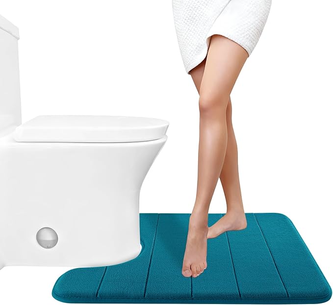Yimobra Memory Foam Toilet Bath Mat U-Shaped, Soft and Comfortable, Water Absorption, Non-Slip, Thick, Machine Wash and Easier to Dry for Bathroom Commode Contour Rug, 24 X 20 Inches, Peacock Blue