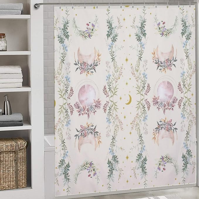 Moon Phase Flowers Shower Curtain Moonlit Herb Wildflower Witchy Celestial Flower Botanical Waterproof Shower Curtains for Bathroom Decor 12 Pack Hooks 72x72in (183x183cm)
