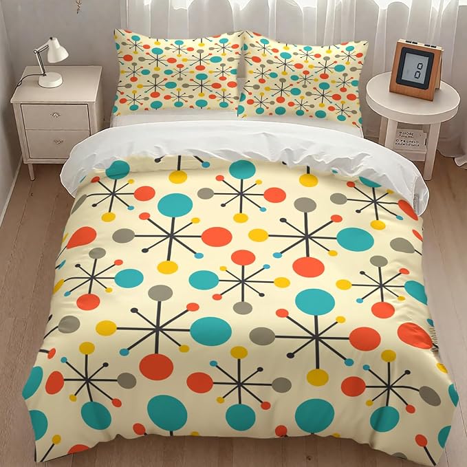 Modern Geometric Bedding Set,1950s 1960s Mid Century Vintage Abstract Atomic Stars Geometric Diamond Pattern Comforter Set with Pillowcase for Bedroom Bed Decor，Twin 86"x70"