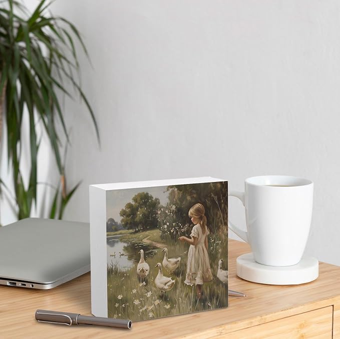Vintage Rustic Girl and Goose Wooden Box Sign Desk Decor, Moody Countryside Cottagecore Wildflower Goose Wood Signs for Home Office Desk Table Shelf Decorations, 5x5 Inch