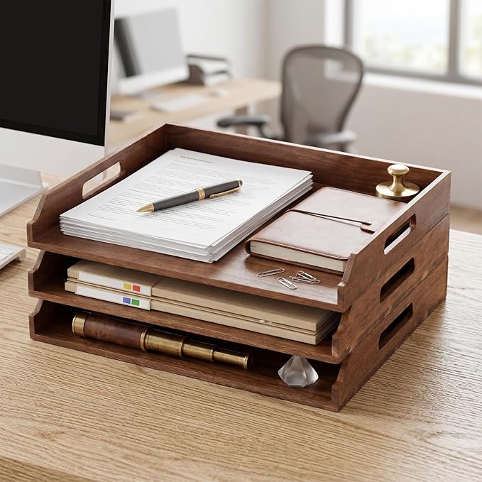 AceOrbit 3 Pcs Stackable Paper Tray Acacia Wood Desk Organizer Letter Tray 3 Tier Wooden File Organizer Desk Shelf for Documents, Letter Sorter, Envelopes and Magazine Holder