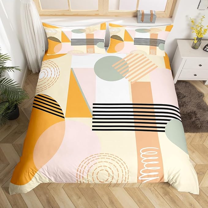 Erosebridal Pink Yellow Abstract Queen Comforter Cover for Kids Teens Girls | Colorful Geometric Duvet Cover Minimalist Circle Modern Bed Set Boho Contemporary Aesthetic Bedding Set