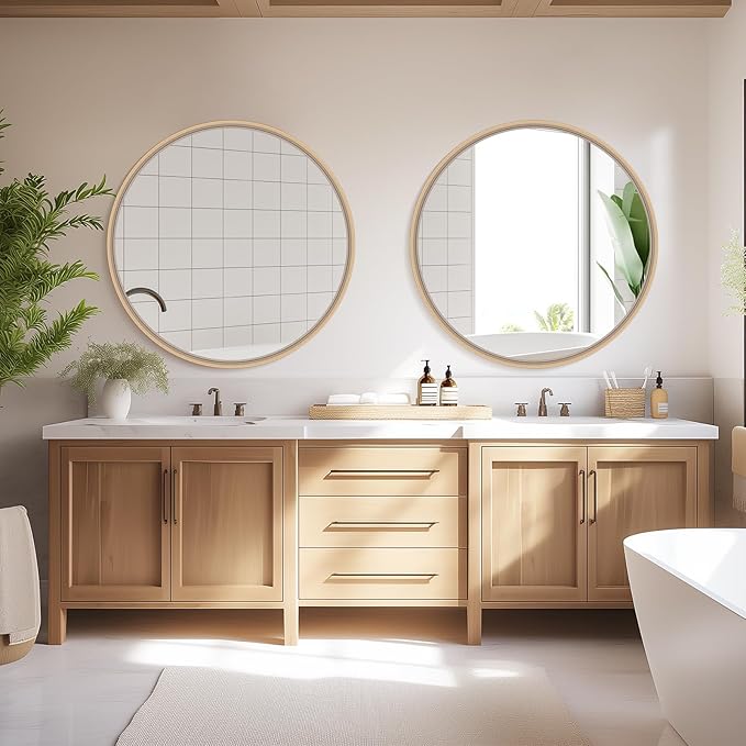 HOMECOOKIN Round Wood Mirror, 31" Round Bathroom Wall Mirror Circle Mirrors for Wall Decor, Vanity, Living Room, Bedroom, Entryway, Natural