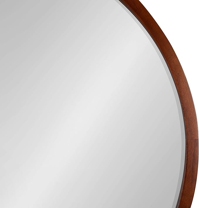 Kate and Laurel McLean Mid-Century Wood Framed Wall Mirror, 30 inch Diameter, Walnut Brown, Decorative Modern Round Mirror