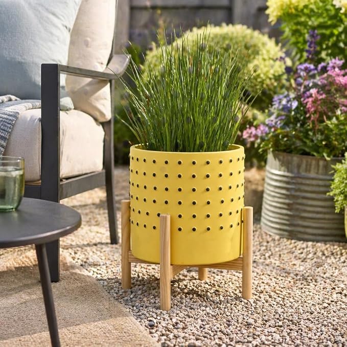 Ceramic Planter with Wooden Stand – Indoor or Outdoor Plant Stand for Living Room or Patio – Dotted Contemporary Design for Home Decor – Planter for Stylish Spaces – 10", Yellow & Black