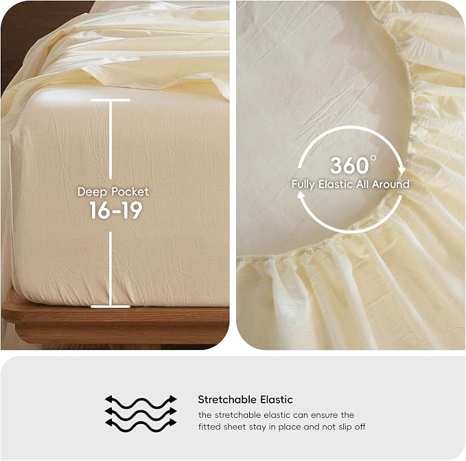 MooMee Bedding Sheet Set 100% Washed Cotton Linen Like Textured Breathable Durable Soft Comfy (Solid Cream White, Full)