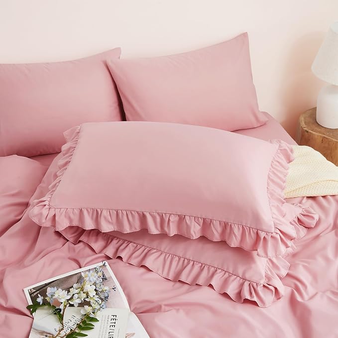 Horbaunal Dusty Pink Ruffle Sheets King Size 6 Piece, Fits 16" Deep Mattress, Microfiber Pink King Sheets with 2 Ruffled Pillowcases, Shabby Chic Bed Sheet Set