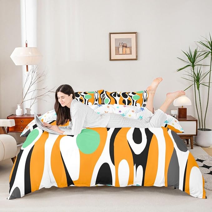 Erosebridal Organic Abstract Duvet Cover Set Modern Contemporary King Bedding Set for Adult Men Boho Mid Century Wavy Lines Comforter Cover Retro Geometric Bed Sets,Orange Green