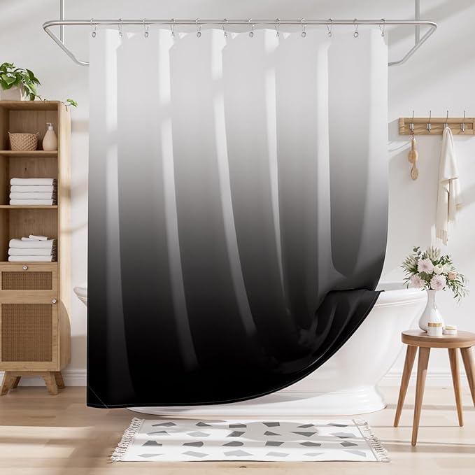 AmazerBath Shower Curtain, Ombre Black Fabric Shower Curtain Set with 12 Hooks, Farmhouse Cloth Black and White Shower Curtain, Washable Bathroom Shower Curtain Sets, 72x84 Inches