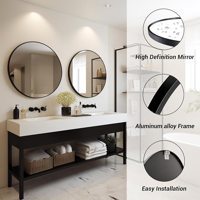Sunniry Black Circle Mirror, Round Bathroom Mirror 20 inch, Round Wall Mirror Matte Metal Frame, Circle Mirrors for Bathroom, Vanity, Bedroom, Hallway.