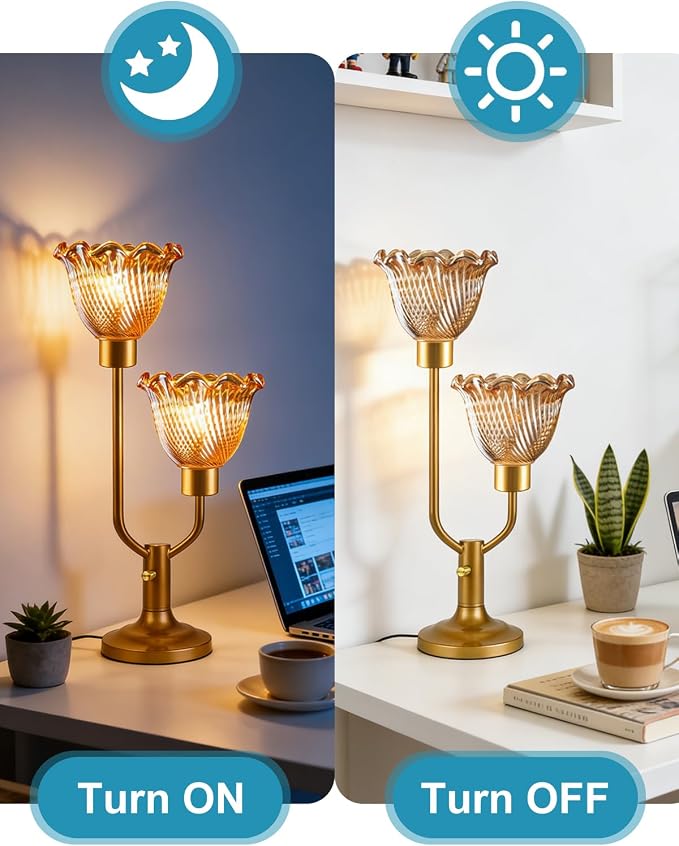 Lightdot Gold Table Lamp for Bedroom Dimmable Mid Century Modern Flower Desk Lamp Amber Glass Vintage Nightstand Lamp 2 Bulbs Included Warmwhite Ambient Bedside Lamps for Living Room Home Office Decor