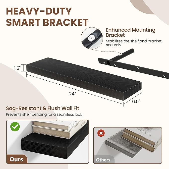 24 Inch Floating Shelves for Wall 2 Pack, 24" Wall Shelves for Books, Storage, Decor, Wall Mounted Floating Shelf with Invisible Brackets for Kitchen, Living Room, Black