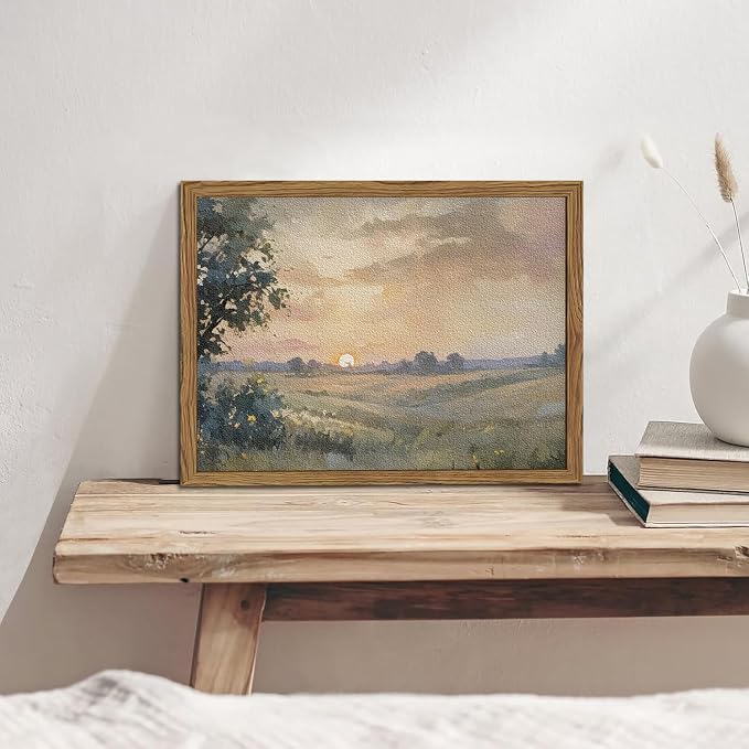 Vintage Sunset Wall Art Rustic Cottagecore Landscape Wall Decor Fall Country Nature Painting Artwork 3D Textured Sandstone for Living Room Bedroom 16x24 Inch Wood Framed