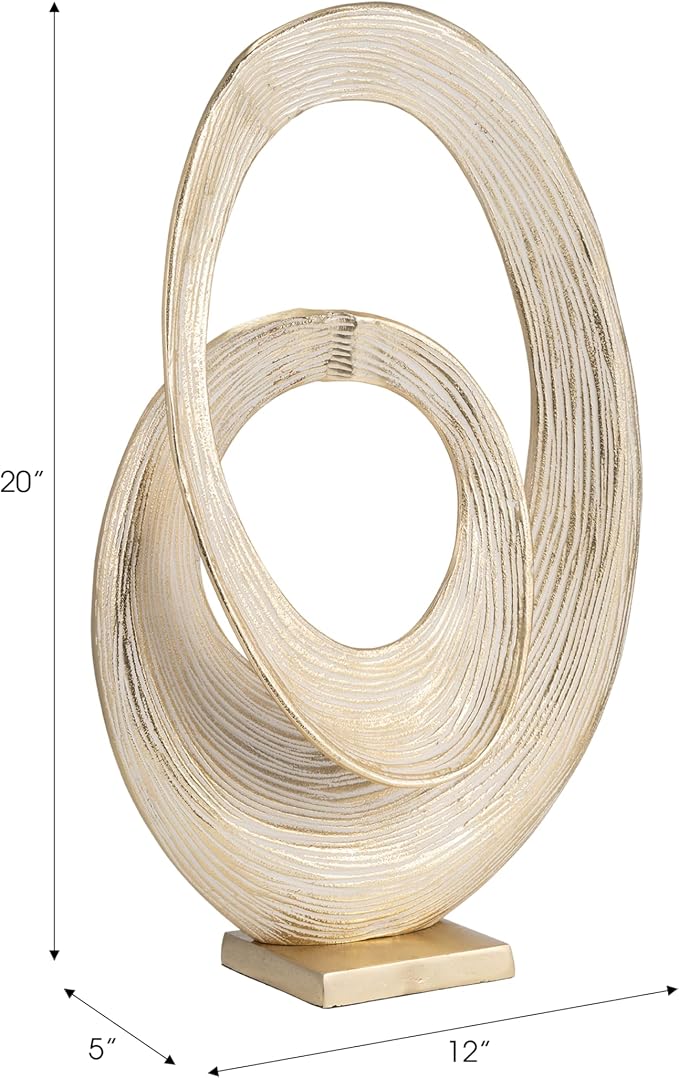 Abstract Ring Art Home Decor Sculpture Figurine - Modern Table Accent for Coffee Table and Room Display - Oval Ornament for Living Room, Bathroom, Office or Shelf Use - 20", Gold & Metallic