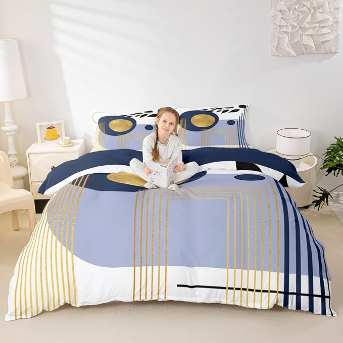 Erosebridal Boho Mid Century Queen Comforter Cover Blue Neutral Modern Duvet Cover Geometric Abstract Bed Set Minimalist Aesthetic Bedding Set