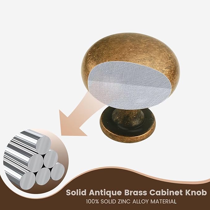 Antique Brass Cabinet Knobs 6 Pack, Solid Zinc Dresser Drawer Knobs Vintage, Round Kitchen Cupboard Door Knobs, Diameter:1-1/5 Inch