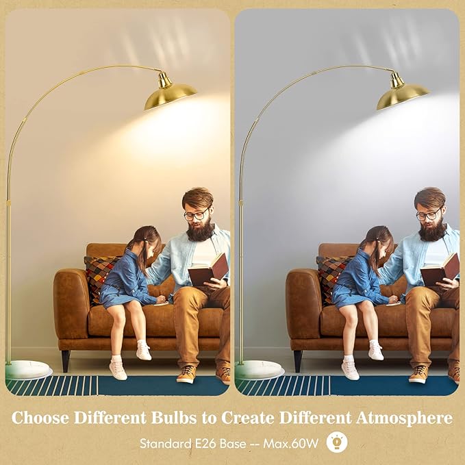 Gold Brass Arc Floor Lamp for Living Room - Mid Century Modern Standing Lamp, Overhanging Floor Lamps, Arch Stand Up Lamp & Floor Light with White Marble Base, Ideal for Bedroom Study Room