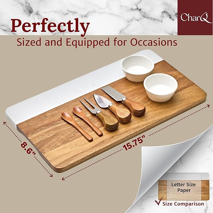 Marble Acacia Charcuterie Board Set – Premium Design (Not Bamboo), Cheese Platter & Serving Tray for Meat and Cheese, Elegant Housewarming Gift for New Home, Wedding & Bridal Shower Gifts for Women