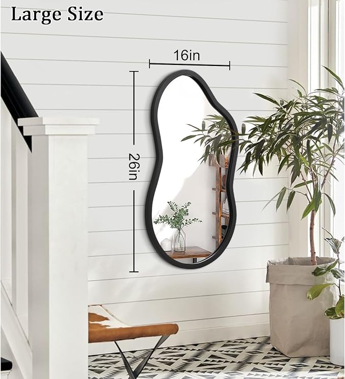 AAZZKANG Large Irregular Wall Mirror 26"x16" Black Asymmetrical Mirrors Modern Wood Frame for Bathroom Bedroom Living Room Entryway