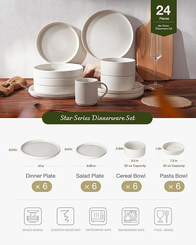 famiware Star Dinnerware Set with Pasta Bowls, Service for 6 (24 Pieces), Ribbed Stoneware Plates and Double Bowls Sets - Chip & Scratch Resistant, Microwave & Dishwasher Safe Dishes, Matte White