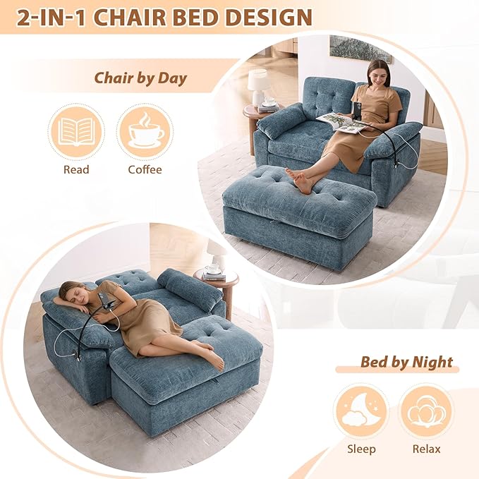 Oversized Chaise Lounge Chair Indoor, Double Convertible Recliner Reading Arm Sofa Chair W/Adjustable Backrest & Charging Port Couch Bed for Living Room, Home Theater & Bedroom, Blue