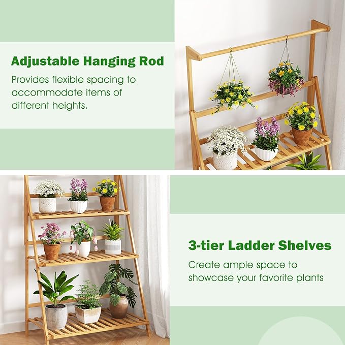 Giantex Plant Stand Indoor Outdoor - Bamboo 3-Tier Hanging Tall Ladder Flower Pot Display Organizer Rack w/Height Adjustable Rod, Folding Plant Shelf Holder for Living Room Corner Patio Garden Balcony