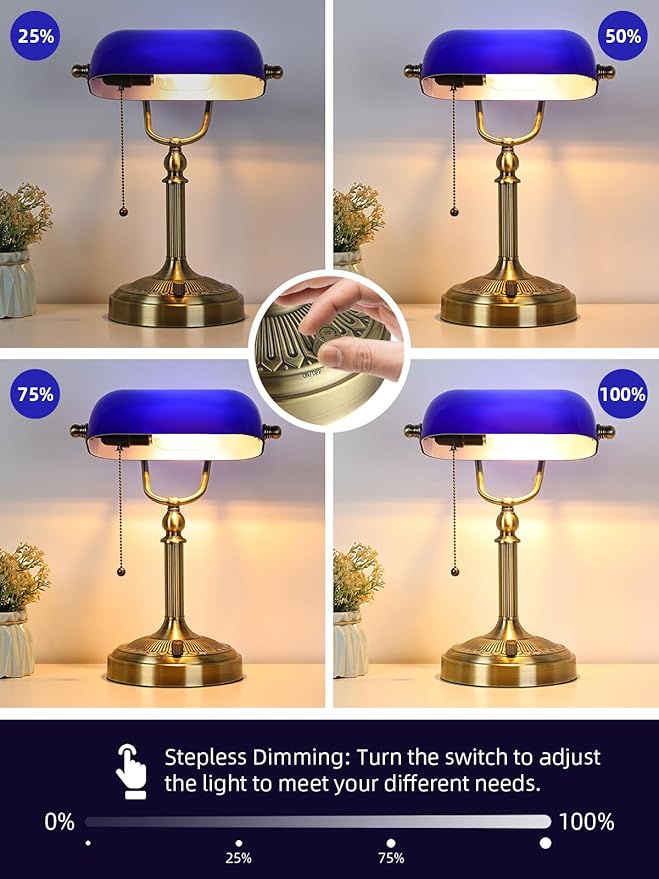 Newrays Blue Glass Bankers Desk Lamp, Stepless Dimmable Table Lamp Plug in Fixture for Study, Home Office, LED Bulb Included