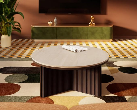 Morden Fort Round Coffee Table for Living Room, Faux Marble Coffee Table Sintered Stone Top & Solid Fluted Wood Base Modern Coffee Circle Table for Apartment Living Room Porch - 33'' Beige Top